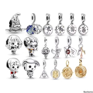 Könnte beinhalten: Eine Sammlung von silber- und goldfarbenen Metallanhängern mit verschiedenen Fantasy-Motiven, darunter ein sprechender Hut, Charakterfiguren, Tiermotive, ein Brief, ein Blitz, eine Brille, ein Dreieckssymbol und ein rotierender Zeitumkehrer.