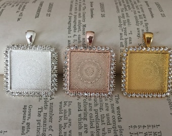 1 inch Square Rhinestone photo memory pendant setting for necklaces, bridal bouquets Silver, Rose Gold, Gold Wedding Gift for Bride