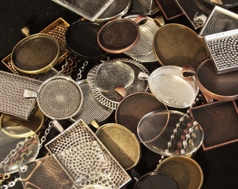 15 DIY Kits Complete Pendant Sampler kit  -15 Blank pendants, 15 Matching glass and 15 Necklaces