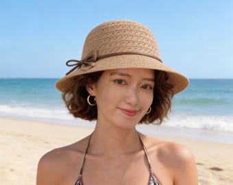 Cappello da sole da donna in paglia con fiocco, ideale per le vacanze al mare, pieghevole in poliestere, perfetto per l'estate.