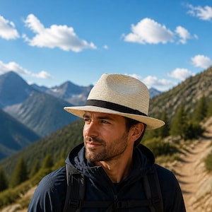 May include: A cream-coloured straw fedora hat with a black band. The hat is worn outdoors against a backdrop of mountains and a blue sky with clouds. The hat's brim casts a shadow on the wearer's face.
