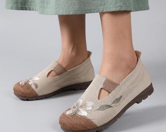 Bailarinas florales sin cordones para mujer - Zapatos casuales para caminar - Calzado para vacaciones de verano