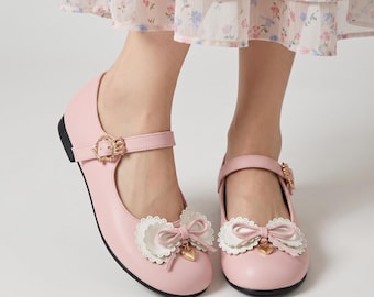 Women Mary Jane Flats - Buckle Strap Round Toe Platform Shoes - Heart Charm Ballet Flats