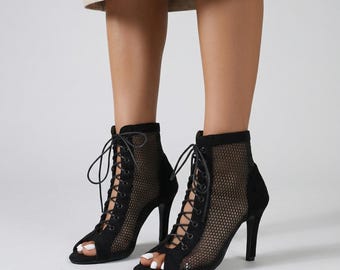 Frauen Mesh Schnür Ankle Boots - Peep Toe Stiletto Heels - Sommer High Heel Booties