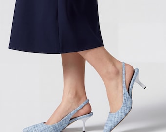 Women’s Pointed Toe Slingback Knitted Heels - Low Heel Pumps - Office Dress Shoes