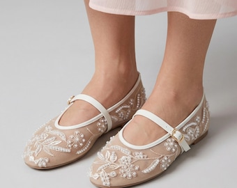 Bailarinas de malla bordada - Zapatos Mary Jane con tira - Calzado floral elegante - Bailarinas transpirables de verano - Estilo vintage sin cordones