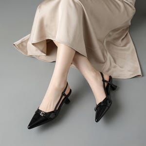 Pointed Toe Slingback Heels – Low Kitten Heel, PU Leather Pumps