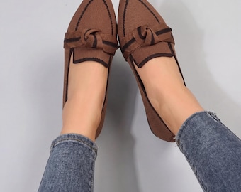 Ballerine da donna in maglia a punta - Mocassini slip-on con fiocco - Ballerine casual per tutti i giorni