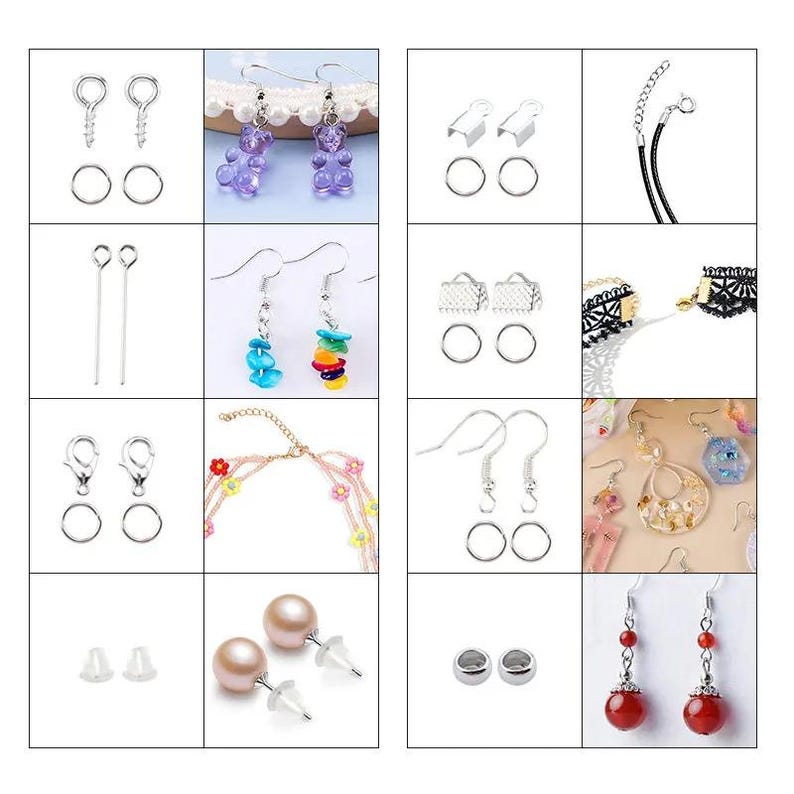 May include: A comprehensive jewelry making kit featuring various metal findings, including silver-tone earring hooks, jump rings, lobster clasps, and crimp ends, alongside finished jewelry pieces like gummy bear earrings and beaded necklaces.