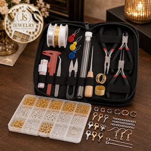 May include: A black zippered case containing jewelry making tools including pliers, wire cutters, a red caliper, tweezers, and spools of wire. A clear plastic organizer box holds various gold and silver jump rings, clasps, and earring hooks.