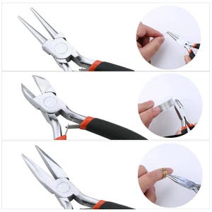 May include: A set of metal jewelry pliers featuring long needle-nose tips and side-cutting blades. The tools have polished silver-toned metal heads and ergonomic black handles with orange accents, designed for precision wire manipulation and jewelry work.