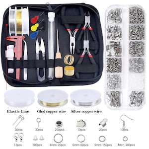 May include: A jewelry making kit featuring a black zippered case containing pliers, tweezers, a red caliper, needles, and wire spools. A clear plastic organizer box holds various metal findings, jump rings, and clasps. Includes elastic line, gold and silver copper wire, and labeled quantities of jewelry components.