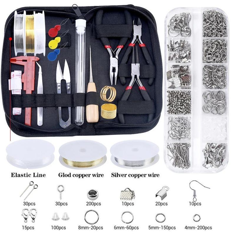 May include: A jewelry making kit featuring a black zippered case containing pliers, tweezers, a red caliper, needles, and wire spools. A clear plastic organizer box holds various metal findings, jump rings, and clasps. Includes elastic line, gold and silver copper wire, and labeled quantities of jewelry components.