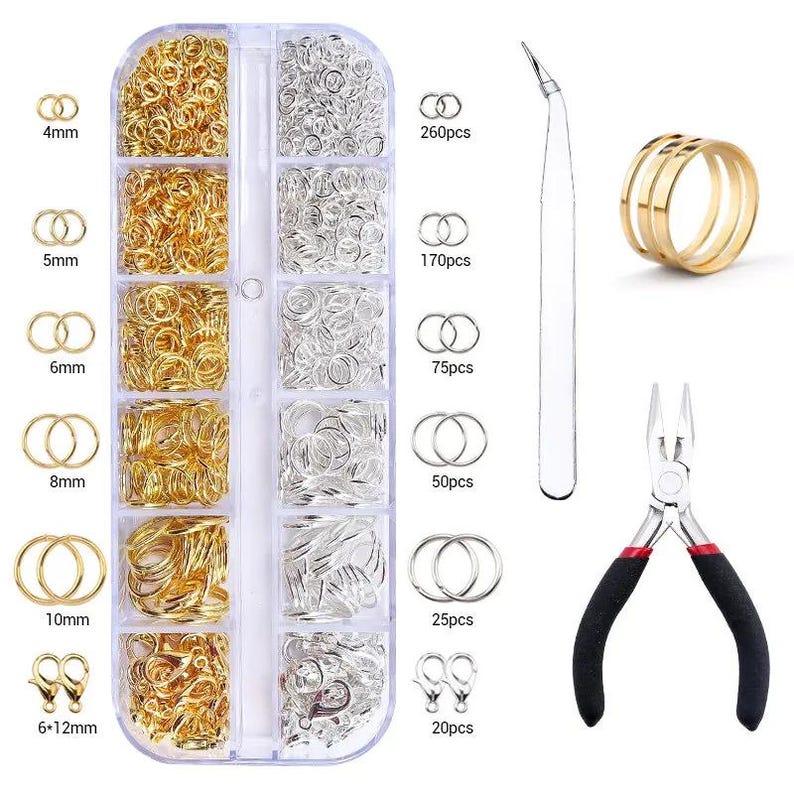 May include: A jewelry making kit featuring a clear plastic organizer box filled with gold and silver jump rings in sizes 4mm, 5mm, 6mm, 8mm, and 10mm, plus lobster clasps. Includes a pair of bent tweezers, a ring tool, and needle-nose pliers.