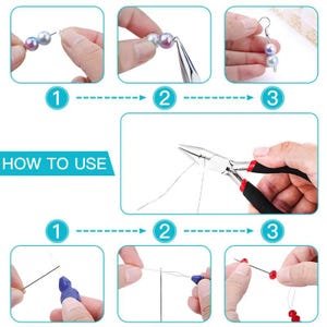 May include: A tutorial graphic titled HOW TO USE showing jewelry making steps. The top row shows threading iridescent beads onto a wire with pliers to create earrings. The bottom row demonstrates using a blue needle threader to string red beads.