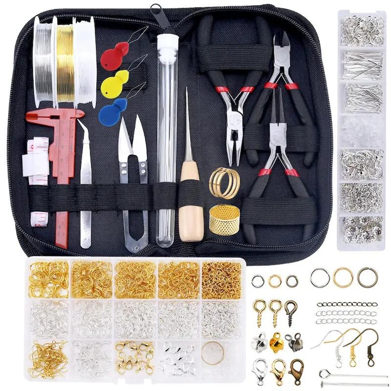 May include: A jewelry making kit in a black zippered case containing three spools of wire, a red plastic caliper, a measuring tape, tweezers, scissors, a needle tube, an awl, three pliers, a thimble, and various metal findings in clear boxes.
