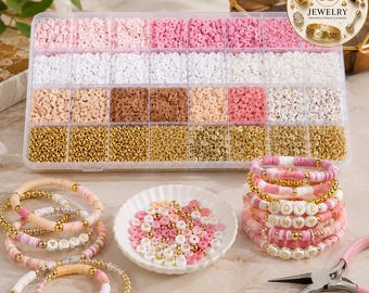 May include: A clear plastic storage container filled with assorted flat round clay beads in shades of pink, white, tan, and gold. Included are several finished bracelets with letter beads, a small white scalloped dish of loose beads, and pink pliers.