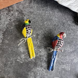 Pode incluir: Dois broches em forma de papagaio feitos de metal com detalhes em esmalte e strass. Um broche apresenta cabeça e cauda amarelas com asas pretas e brancas, enquanto o outro tem cabeça vermelha, cauda azul e asas multicoloridas com pedras.