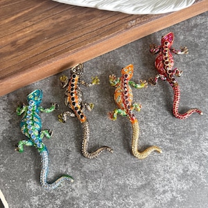 Può includere: Quattro spille a forma di lucertola decorate con strass colorati. La prima è blu e verde, la seconda è nera e arancione, la terza è arancione e verde e la quarta è rossa. Ogni spilla presenta una lunga coda e quattro zampe.