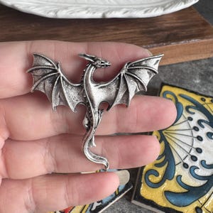 Può includere: Figurina di drago color argento con ali spiegate. Il drago ha squame dettagliate e una lunga coda curva. La figurina è tenuta in una mano.