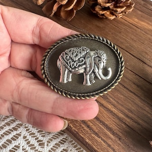 Könnte beinhalten: Eine ovale Gürtelschnalle mit einem silberfarbenen Elefanten, der auf seinem Rücken komplizierte dekorative Muster aufweist. Der Elefant ist auf einem dunklen, strukturierten Hintergrund zentriert und das gesamte Stück ist von einem gedrehten Seilrand umrahmt.