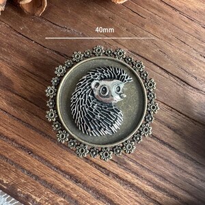 May include: A round, antique-style brooch featuring a hedgehog design. The brooch is approximately 40mm in diameter and has a detailed, silver-colored hedgehog in the center, surrounded by a floral border. The background is a rustic, bronze color.
