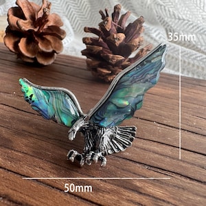 May include: A silver eagle brooch with iridescent wings, measuring 5cm wide and 3.5cm high. The wings display shades of green and blue. Two pinecones are in the background.