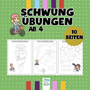 Könnte beinhalten: Ein Kinder-Übungsheft mit dem Titel "SCHWUNG ÜBUNGEN AB 4" und dem Text "10 SEITEN". Auf dem Cover ist ein Mädchen auf einem rosa Fahrrad abgebildet. Enthält Malübungen.