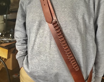 Hand Tooled Leather Ammo Bandolier: Two-Tone Brown & Tan, 56-Round Ambidextrous Hunting Sling
