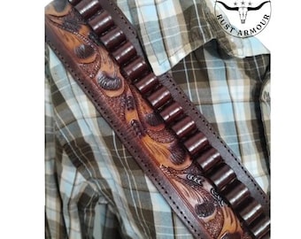 Hand Tooled Leather Ammo Bandolier Two-Tone Brown & Tan, 56-Round Ambidextrous Hunting Sling bando belt