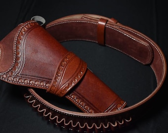 Handgefertigter Holster / Pistolen-Gürtel – Westernbrauner Lederhalfter im Kaliber .45 .38 .357 .22 .44