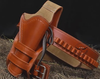 Western Cowboy Holster and Cartridge belt for single action revolver Cowboy Action Ammo Loops Leather Holster 22 .357 .38 .44 .45