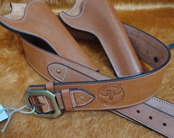Handmade Tooled Leather Double Holster Gun Belt - Cowboy Action Ammo Loops Leather Holster 22 .357 .38 .44 .45