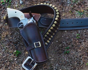 Leather Single quick draw holster Western Cowboy Vintage Belt .22 .357 .38 .44 .45  Bandolier Single Action S&W SAAS
