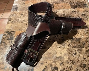 Leather Double quick draw holster with cross draw Western Cowboy Vintage Belt .22 .357 .38 .44 .45  Bandolier Single Action S&W SAAS
