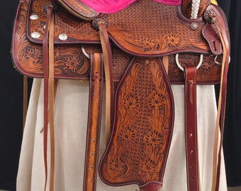 Western Endurance Horse Pleasure Saddle Full Genuine Leather Size 15" to 18"