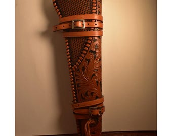 Mare’s Leg Lederhalfter – Handgefertigte 46 cm lange Scheide aus Hartleder – Hellbraun & Schwarz – Passend für Henry, Rossi, Chiappa