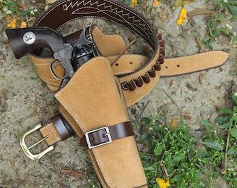 Buff Suede Leather Western Drop Loop Revolver Holster Rig with 20 Ammo Loops – Fits Revolvers up to 7" Barrel