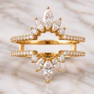 Marquise Moissanite Ring Enhancer, Sunburst Ring Jacket for Engagement Ring, Crown Wedding Guard, 14k Gold or Sterling Silver Stacking Band