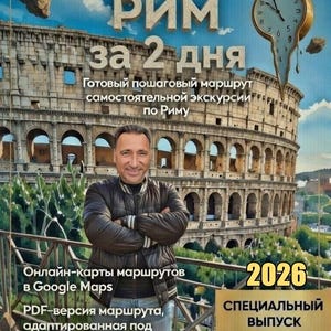 May include: A travel guide cover featuring a man in front of the Colosseum in Rome. The title reads "Rome in 2 Days" in blue and white. Additional text includes "Online Maps in Google Maps" and "PDF version of the route". A clock with melting features is in the upper right corner. The year "2026" is displayed.