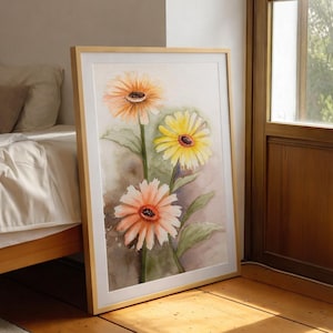Hand Painted Watercolor Gerbera Flower Wall Art - Printable Floral Decor 01