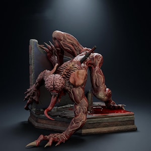 May include: A detailed figurine of a muscular, skinless creature with an exposed brain, long tongue, and sharp claws. The figure is posed against a partial brick wall, with a knife embedded in its back and a pool of red liquid on the base.