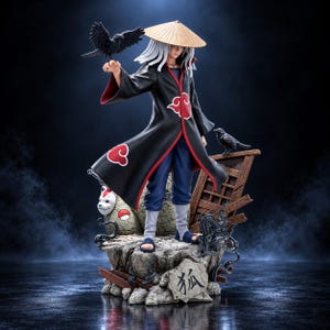 May include: A detailed anime-style figurine of a character wearing a black cloak with red cloud patterns, a tan conical hat, and blue pants. The figure stands on a rocky base with a white fox mask, two black crows, and a stone slab featuring the Japanese kanji for fox.