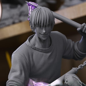 May include: A gray monochromatic anime-style figurine of a character with short hair and a wide grin, wearing a long-sleeved sweater. The figure holds a staff-like weapon with a purple translucent accent and a chain detail extending downward.