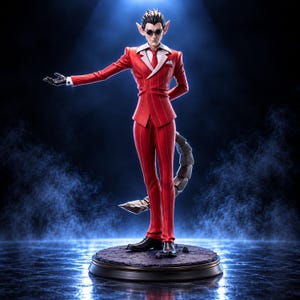 May include: A standing figurine of a pointed-eared character wearing a red pinstripe suit, white shirt, red tie, and dark sunglasses. The figure has a long, segmented metallic tail and is posed with one arm extended on a circular base.