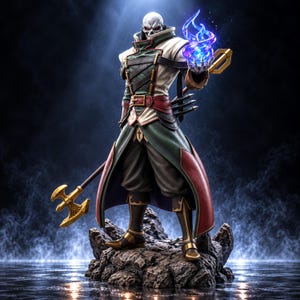 May include: A skeletal figure figurine wearing a white and green coat with red accents, holding a glowing blue flame in one hand and a gold double-headed axe in the other. The character stands on a dark, rocky base with detailed armor.