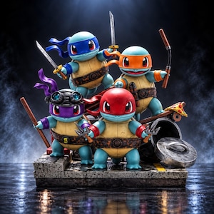 May include: A collectible figurine set featuring four light blue turtle characters with tan shells, each wearing coloured masks and belts. They are equipped with miniature swords, nunchucks, a bo staff, and sai weapons, standing on a textured base with a metal trash can lid.