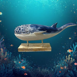 May include: A wooden whale sculpture with a blue and white finish. The whale is mounted on a rectangular wooden base and has a detailed, textured head. The sculpture is set against a blue background with fish and coral.