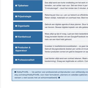 Op de afbeelding: Blauw-witte infographic met tips voor professionele schoonmakers. Behandelt tijdmanagement, prijsstrategie, organisatie en klantenbehoud. Bevat een websiteadres voor meer informatie.