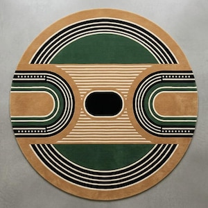 Retro Geometric Round Area Rug, Mid Century Modern Boho Carpet